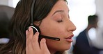 Woman, telemarketing and talking on crm customer service phone call, contact us and employee consulting in office. Call center consultant, customer support and mobile conversation on agent headset