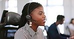 Black woman, telemarketing and talking on customer support, contact us employee and customer service communication in office. African woman, crm company consultant and online conversation on headset