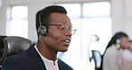 Black man, call center and telemarketing communication in office for customer service on internet. Crm expert, customer support consultant or talking on digital headset for help, advice or contact us