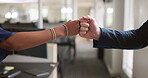 Fist bump, handshake or business people in a partnership with team work, support or motivation for success. Team building, office or cool employees shaking hands with sales goals, target or mission 