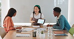 Tablet data, leadership and business people with Asian woman in meeting discussing statistics. Books, training and female mentor with group of employees with marketing analytics on touchscreen tech.