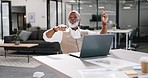 Laptop, office and senior man in celebration for good news, job promotion or success in career. Happy, winner and excited elderly African manager dancing to celebrate successful project in workplace.