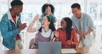 Laptop, winner and a team high five while in celebration together of a goal, target or deal in the office. Applause, diversity and success with a man and woman employee group celebrating at work