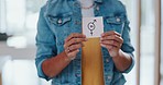 Gender equality, pay gap and woman with a sign in the office with a female and male symbol. Business, equity and girl employee with a feminism card in protest for equal salary, opportunity and equity