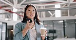 Asian business woman, phone conversation and coffee for morning meeting, online communication and employee phone call walking in office. Corporate leader, planning strategy and smartphone discussion
