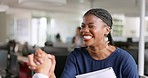 Black woman, high five handshake and happy with success, goals and teamwork in finance office. Diversity group, financial team and shaking hands for congratulations, winning or motivation in New York