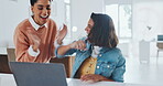 High five, laptop or happy employees with success in celebration of digital marketing SEO goals or kpi target. Bonus, wow or excited black woman or girl winner celebrate winning, email or good news