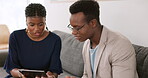 Tablet, black woman and black man in a meeting for a digital marketing SEO or advertising strategy for a digital agency. Team work, collaboration or employees talking or speaking of an online project