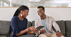 Tablet, black woman and funny black man in a meeting laughing at a joke after working on digital marketing plan. Black people, team building or happy African employees relaxing on a resting break