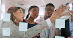 Idea, sticky notes or business people in meeting with a woman talking or speaking of a marketing strategy. Teamwork, collaboration or employees planning or brainstorming project ideas on glass board