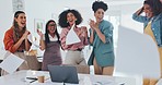 Corporate woman group, paper in air or celebration with applause, smile or happiness for success. Diversity, teamwork and throw documents in office for happy women team, winning or goal in New York