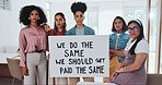 Group, women and protest poster for justice empowerment, diversity support and basic human rights or equality fight. Interracial community, teamwork and stand together with discrimination sign board