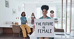 Business women with protest sign, empowerment and gender equality in office and serious female employees. Corporate movement, strong and vision with leadership, career development and future growth.