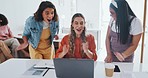 Laptop, success or women high five at work in celebration of digital marketing sales goals or kpi target. Happy, winner or excited employees hugging to celebrate bonus, business growth or achievement