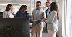 Documents, collaboration or business people in a meeting with financial paperwork planning for sales growth. Team work, CEO and employees talking or speaking of mission, goals or our vision in office