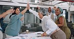 Office, corporate celebration and business people with dancing, high five or applause for success. Group, team and congratulations for target, bonus or profit in meeting at finance company in Atlanta