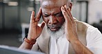 Senior african businessman, headache and office with stress, tired and mental health at finance job. Corporate black man, burnout and depression in workplace while frustrated by computer in Atlanta