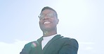 Face, black man and arms crossed with smile, leader and confidence for startup company. Nigerian male, ceo and entrepreneur for business, corporate goal and manager with career success and outdoor.