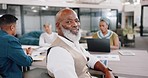 Senior black man, face and corporate meeting in office with team, face and documents for data analysis. Elderly african businessman, happy or portrait by desk at business meeting for financial budget