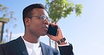 Business, black man or phone call for communication, connection or outdoor. Ceo, male entrepreneur or leader with smartphone for talking, corporate deal or startup company growth, sales or leadership