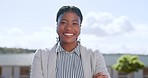Face, happy or funny black woman on rooftop laughing at joke or relaxing in Kenya with business goals or mission. Smile, entrepreneur or portrait of African employee on a break with positive mindset