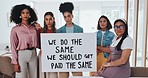 Business women with protest sign, empowerment and gender equality in office and serious female employees. Corporate movement, strong and vision with leadership, career development and future growth.