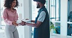 Black woman, ecommerce and box for delivery to office, excited and wow for deal, discount or gift. Happy corporate woman, e commerce customer and logistics in startup workplace for online shopping