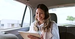 Digital tablet, car drive and woman networking on social media, the internet or online website. Happy smile and professional lady doing research on a mobile device while traveling with transport.