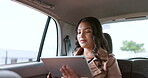 Business woman with tablet in car, travel and ceo with technology for email check on commute to work, communication and 5g network. Networking, transportation and Mexican executive on company trip.