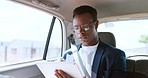 African businessman, car ride and tablet for planning calendar, reading and ideas in transportation. Corporate black man, taxi and mobile tech for planning, communication and social media app in city