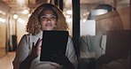 Black woman with tablet for research, business and project management, planning and reading email at office. Digital report, networking and strategy with data analysis and scroll internet for ideas.