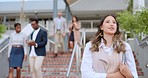 Stairs, work and business woman leave company building, workplace or corporate hq at end of working day. People walking, steps or office employee leaving marketing agency headquarters at closing time