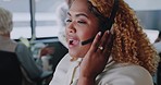 Call center woman, communication and explain for customer service, help and advice in office for career. Black woman, crm expert or consultant for contact us, customer support and consulting clients