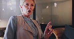 Business, senior woman and leader talking, corporate and manager with confidence. Elderly female, ceo or entrepreneur with knowledge, explain ideas and conversation for startup company and leadership