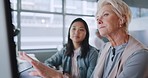 Business, manager and talking to agent, training and guidance in modern office. Mentor teaching intern, conversation and explain systems for administration, schedule and marketing process for trainee