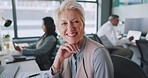 Senior employee, woman with face and happy in workplace, success and vision with leadership in coworking space. Motivation, leader and working with smile in professional portrait at office.  