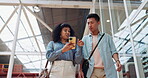 Phone, black woman and man walking in a office building talking, reading or sharing online social media news. Social networking, mobile app or employees in communication or speaking of 5g internet