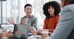 Meeting, collaboration and team planning a project together in the office conference room. Teamwork, diversity and business people in discussion while working on a b2b corporate strategy in workplace