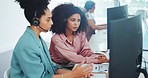 Call center, coaching and computer with women, telemarketing and communication with teamwork in office. Black woman, mentor and crm expert with customer service, help and training at job in Atlanta