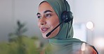 Call center, customer support and muslim woman telemarketing consultant doing a consultation online. Crm, contact us and islamic female customer service representative working with headset in office.