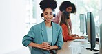 Black woman, call center and contact us with CRM and portrait in office with smile and professional in customer service or telemarketing. Customer support, work at desk and headphone with microphone.