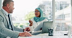 Leadership, CEO or business people with documents in a meeting planning, talking or speaking of data analytics. Financial, Islamic or senior Muslim woman with paperwork in conversation with manager 