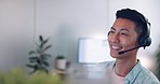 Business, Asian man and video call for online meeting, conversation and brainstorming. Japan, male entrepreneur and agent with headphones, wave for greeting and discussion for negotiation and idea.