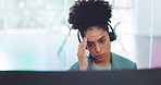 Headache, stress and black woman telemarketing consultant with a difficult project deadline. Exhausted, overworked and African female customer support agent working with a migraine in the office.