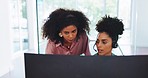 Call center, coaching and computer with women, telemarketing and communication with teamwork in office. Black woman, mentor and crm expert with customer service, help and training at job in Atlanta