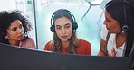 Business, women and call center with employee, manager and conversation for process, system and workplace. Female agents talking, headset and coworkers for customer support, telemarketing and support