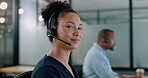 Face, business and woman in call center, telemarketing and customer support in office. Portrait, female agent or consultant with headset, conversation or consulting for digital marketing, crm or help