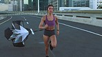 Fitness and professional woman athlete running with parachute resistance training in urban city street. Sports, motivation and goals workout for health, speed and endurance cardio exercise