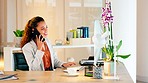 Human resource manager talking on a call with employee explaining a strategy or contract. Female hr assistant scheduling an interview or meeting with a client while sitting at computer desk inside