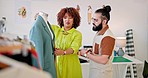 Fashion, clothes and stylists styling a mannequin for retail, creativity and boutique fitting. Design, teamwork and man and woman tailoring clothing for closet, wardrobe and entrepreneurship together